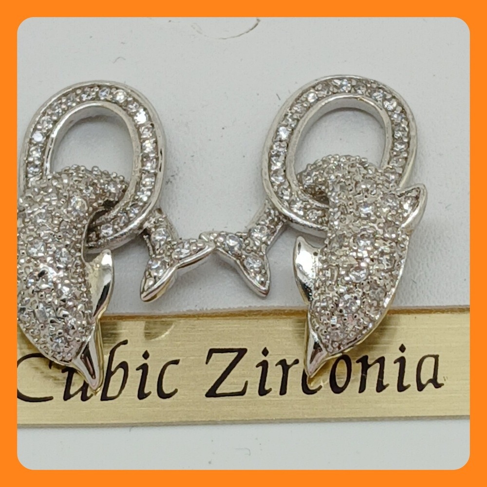 Vintage 1990s Dolphin Cubic Zirconia Stud Earrings Silver Tone Rare New on Card